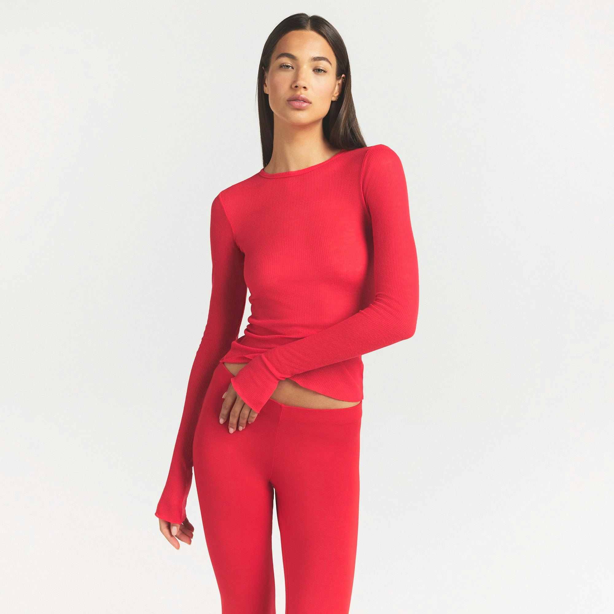 SHEER RIB LONG SLEEVE TOP - CARMINE - image 2