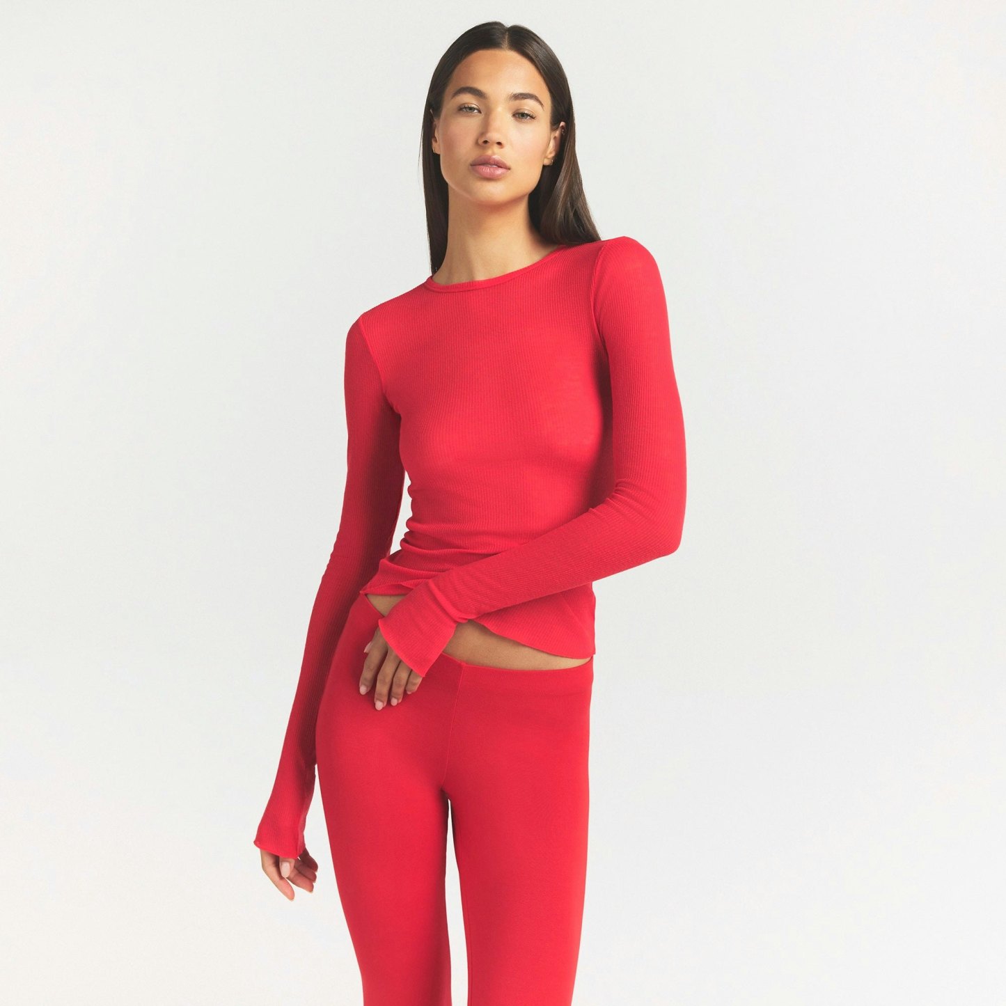 SHEER RIB LONG SLEEVE TOP - CARMINE - image 2