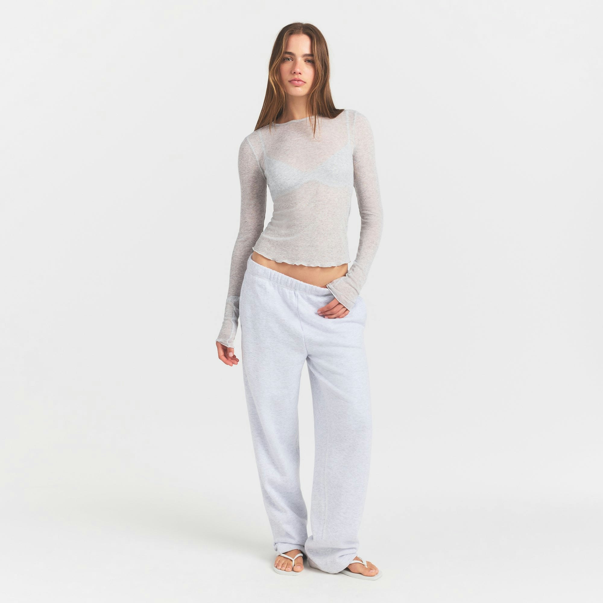 SHEER RIB LONG SLEEVE TOP - LIGHT HEATHER GREY - image 14