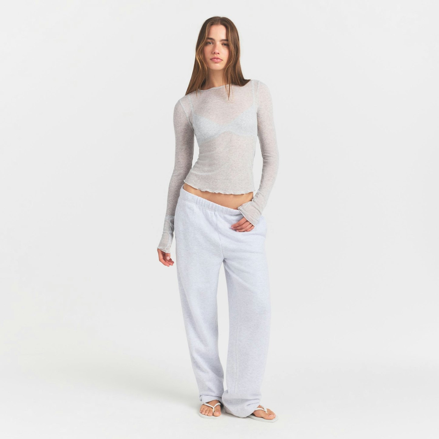 SHEER RIB LONG SLEEVE TOP - LIGHT HEATHER GREY - image 14