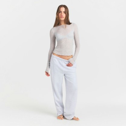 SHEER RIB LONG SLEEVE TOP - LIGHT HEATHER GREY - image 14