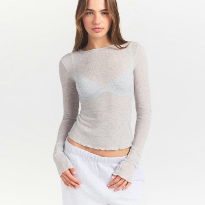 SHEER RIB LONG SLEEVE TOP - LIGHT HEATHER GREY - image 12