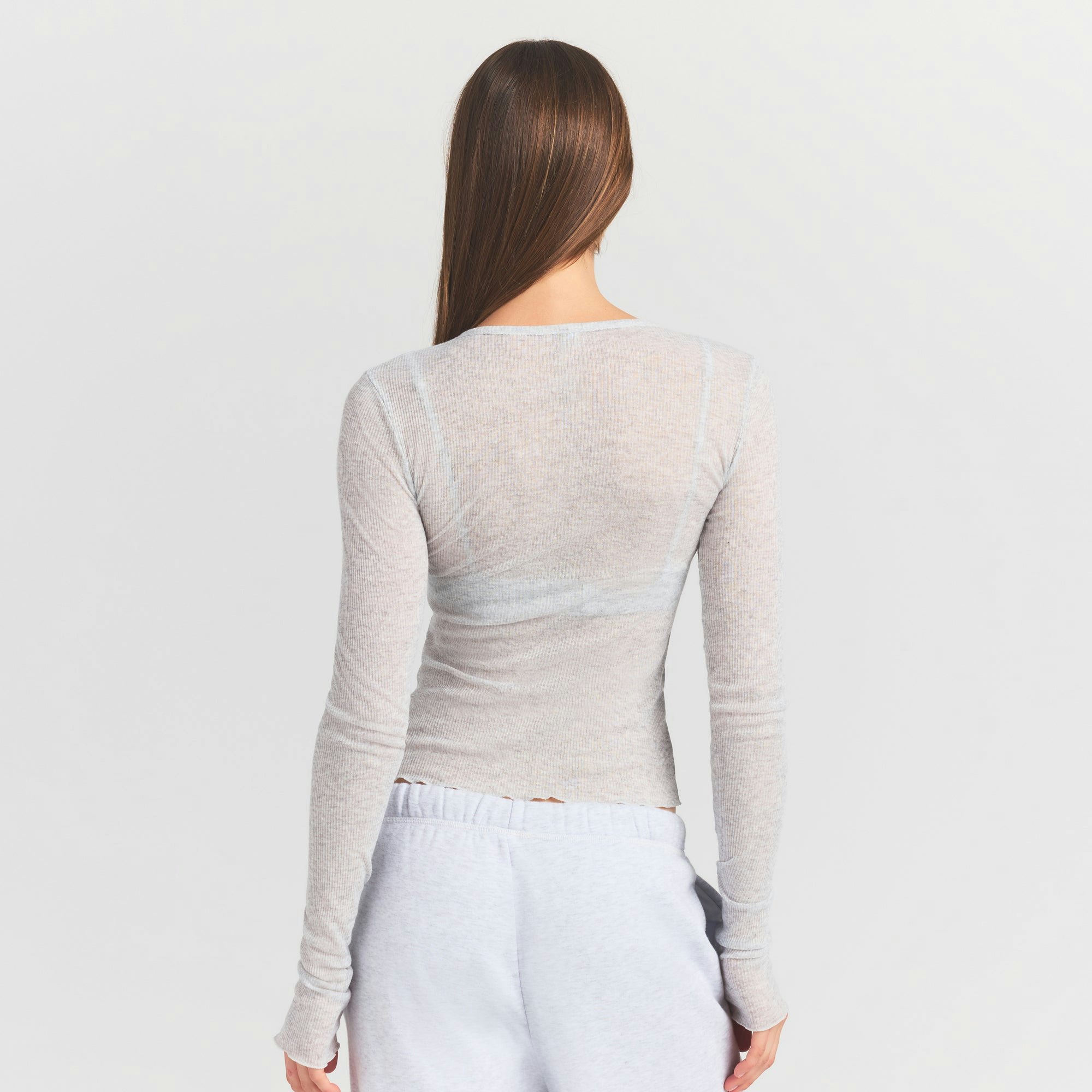 SHEER RIB LONG SLEEVE TOP - LIGHT HEATHER GREY - image 13