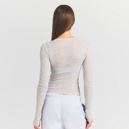 SHEER RIB LONG SLEEVE TOP - LIGHT HEATHER GREY - image 13