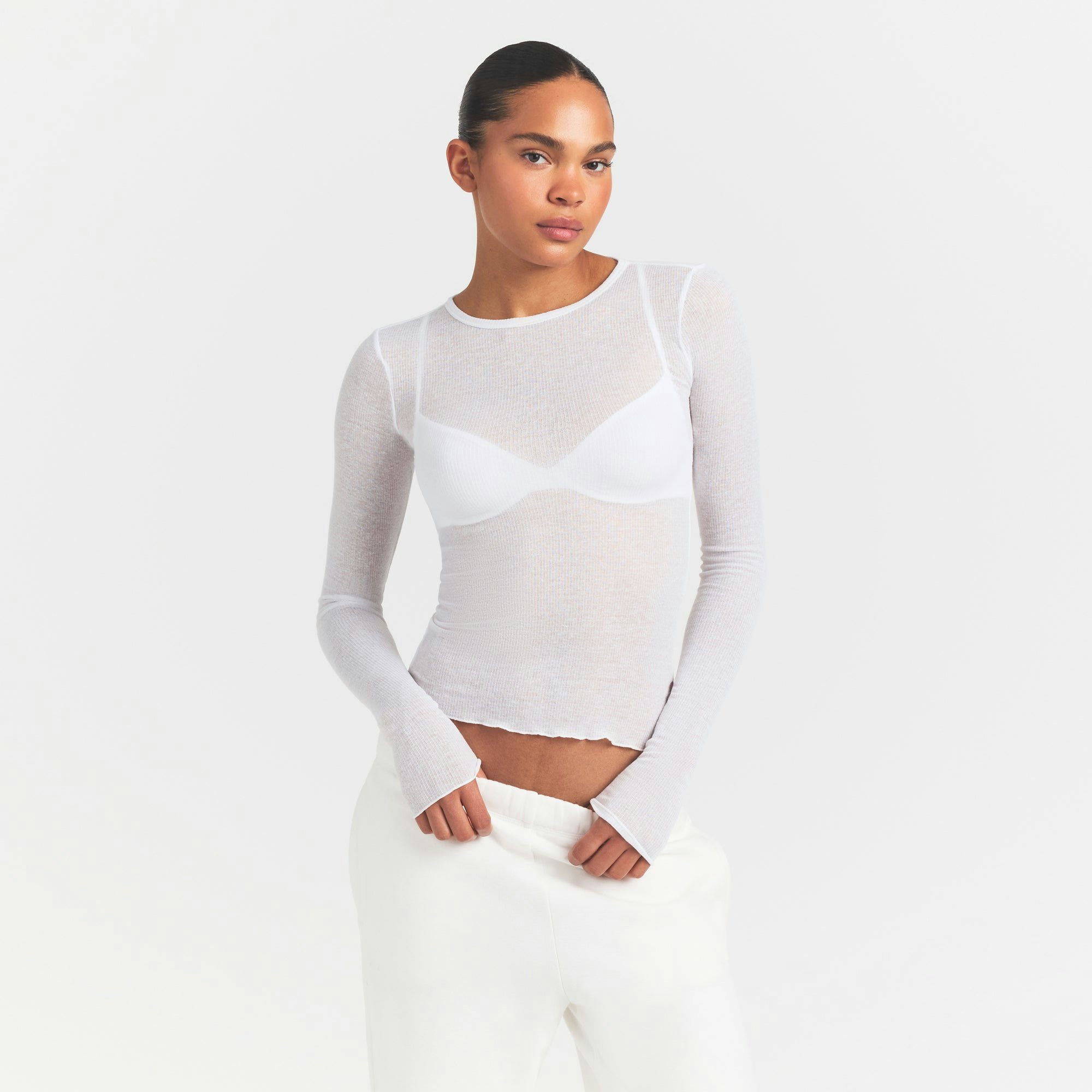 SHEER RIB LONG SLEEVE TOP - SNOW - image 7