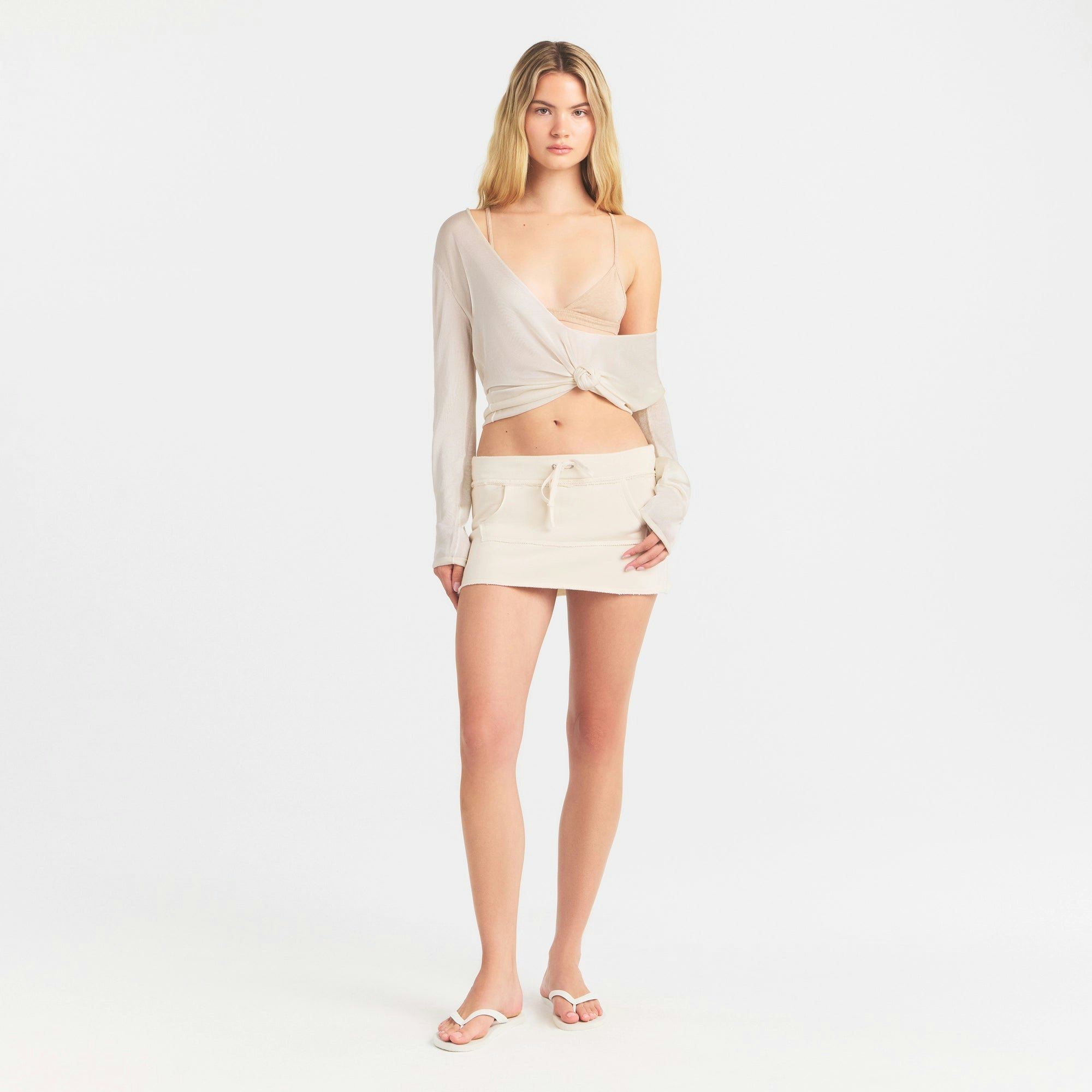SLINKY KNIT DEEP PLUNGE TOP - BUFF