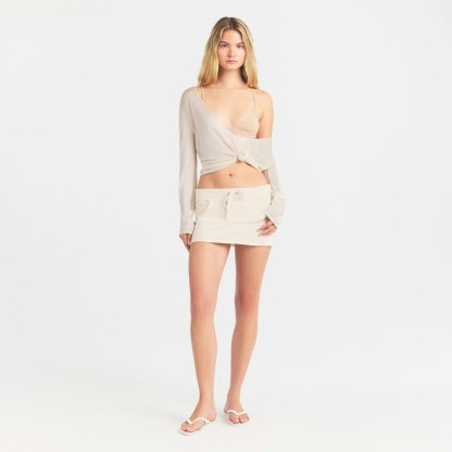 SLINKY KNIT DEEP PLUNGE TOP - BUFF