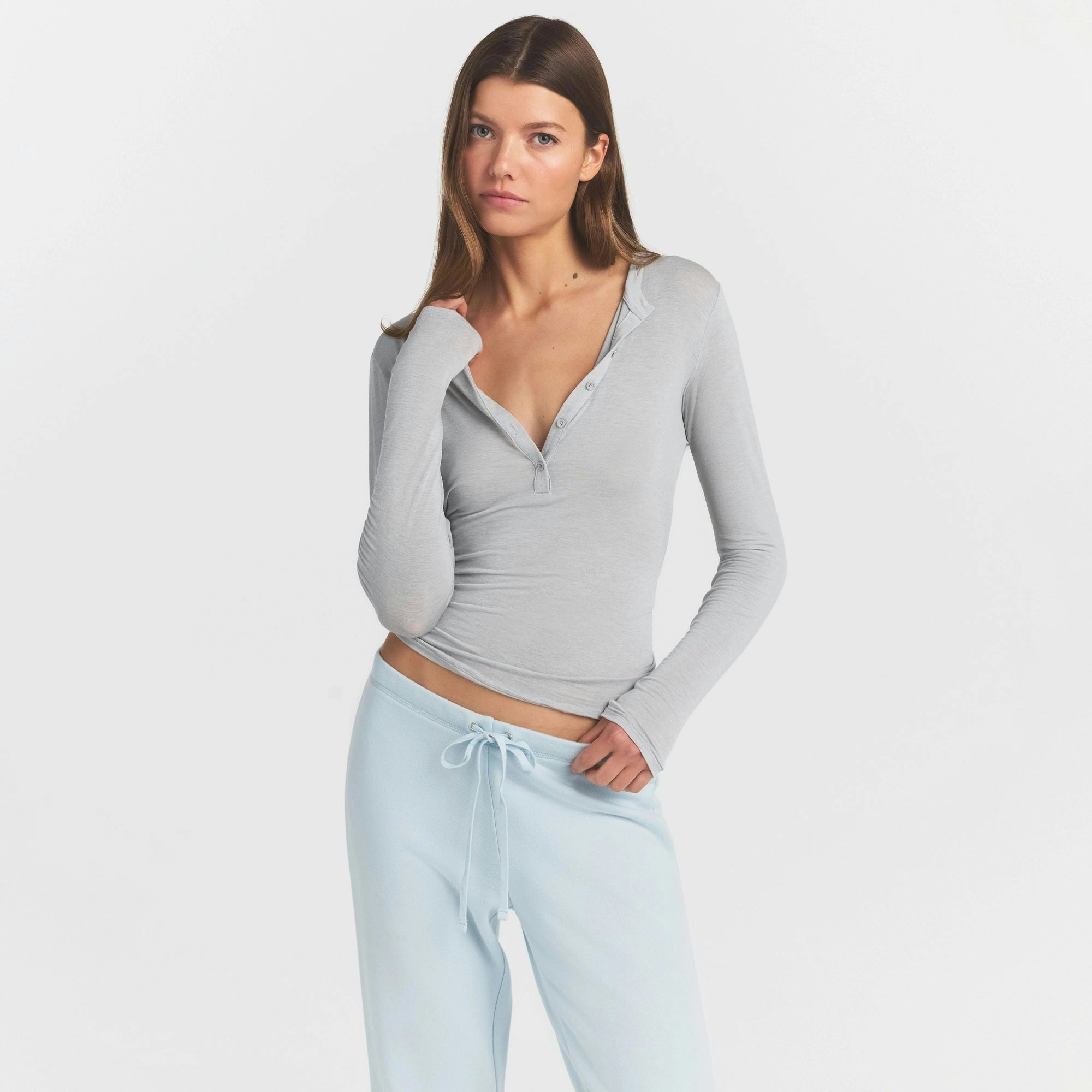 SHEER MODAL CREWNECK HENLEY - HEATHER GREY - image 2