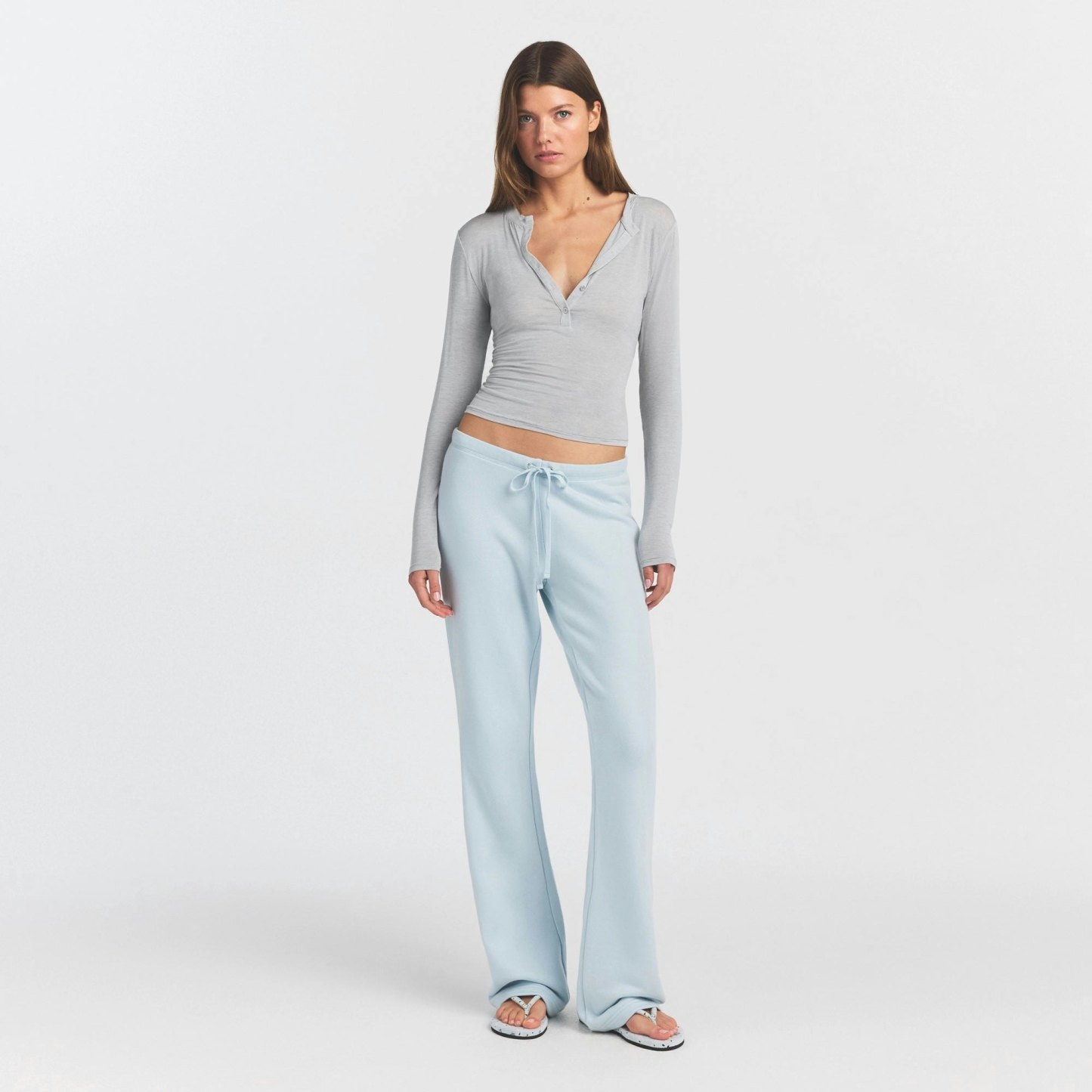 SHEER MODAL CREWNECK HENLEY - HEATHER GREY