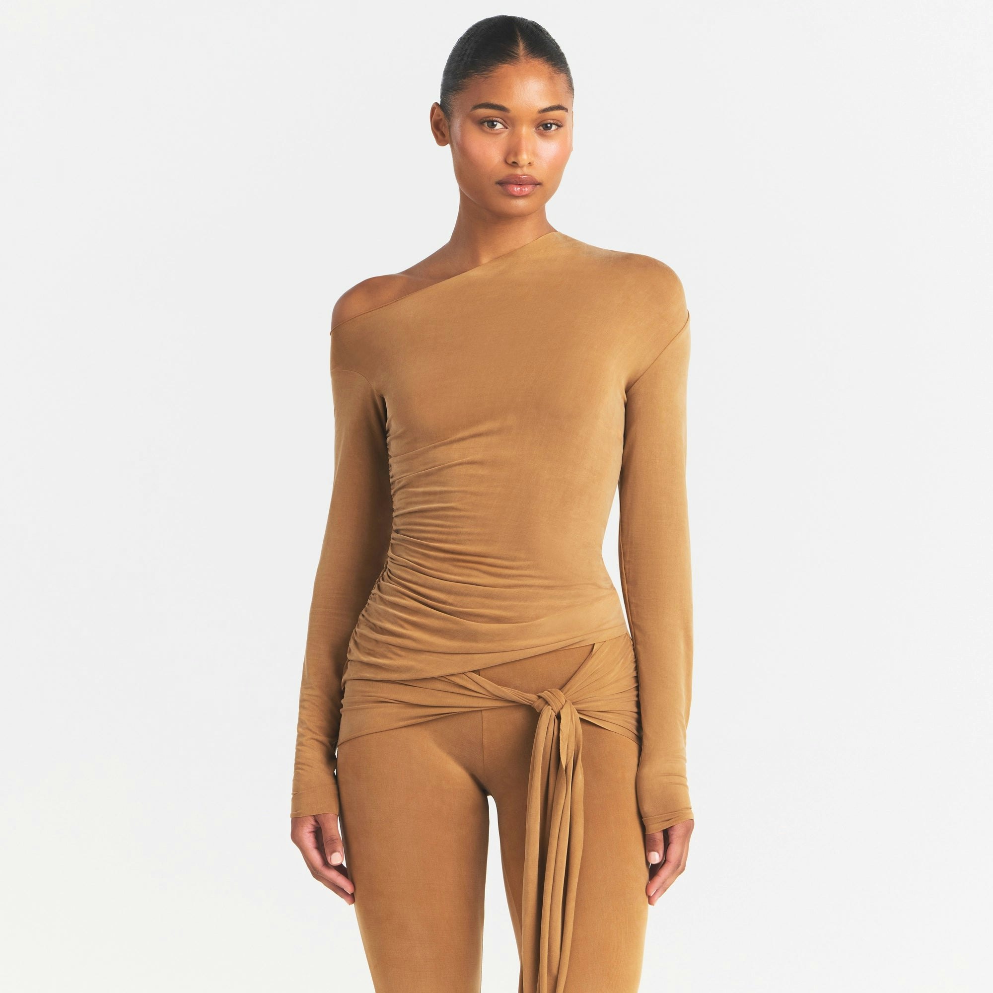 CUPRO JERSEY ASYMMETRICAL TOP - ALMOND - image 9