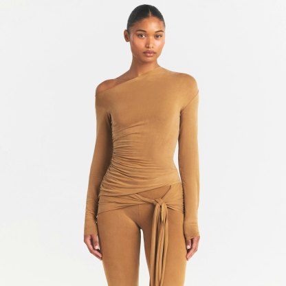 CUPRO JERSEY ASYMMETRICAL TOP - ALMOND - image 9