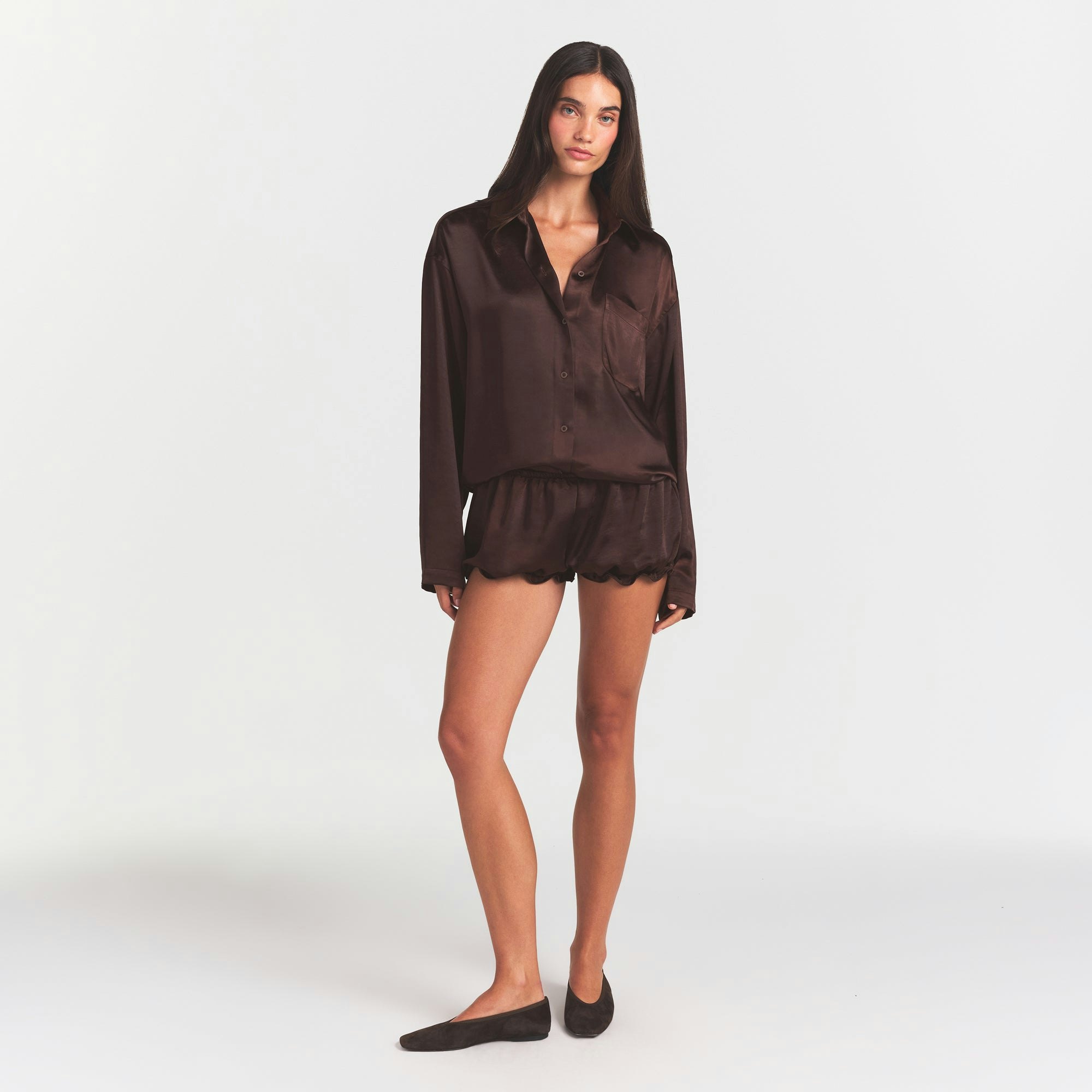 LIGHTWEIGHT SATIN OVERSIZED SHIRT - ESPRESSO - image 7