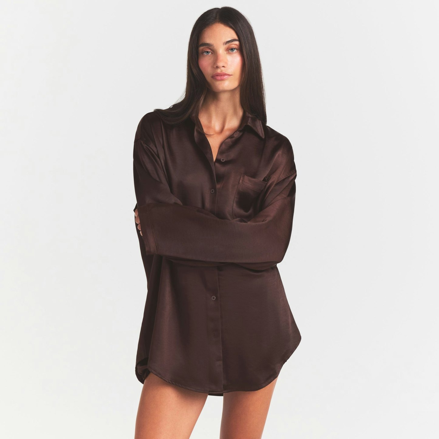 LIGHTWEIGHT SATIN OVERSIZED SHIRT - ESPRESSO - image 8