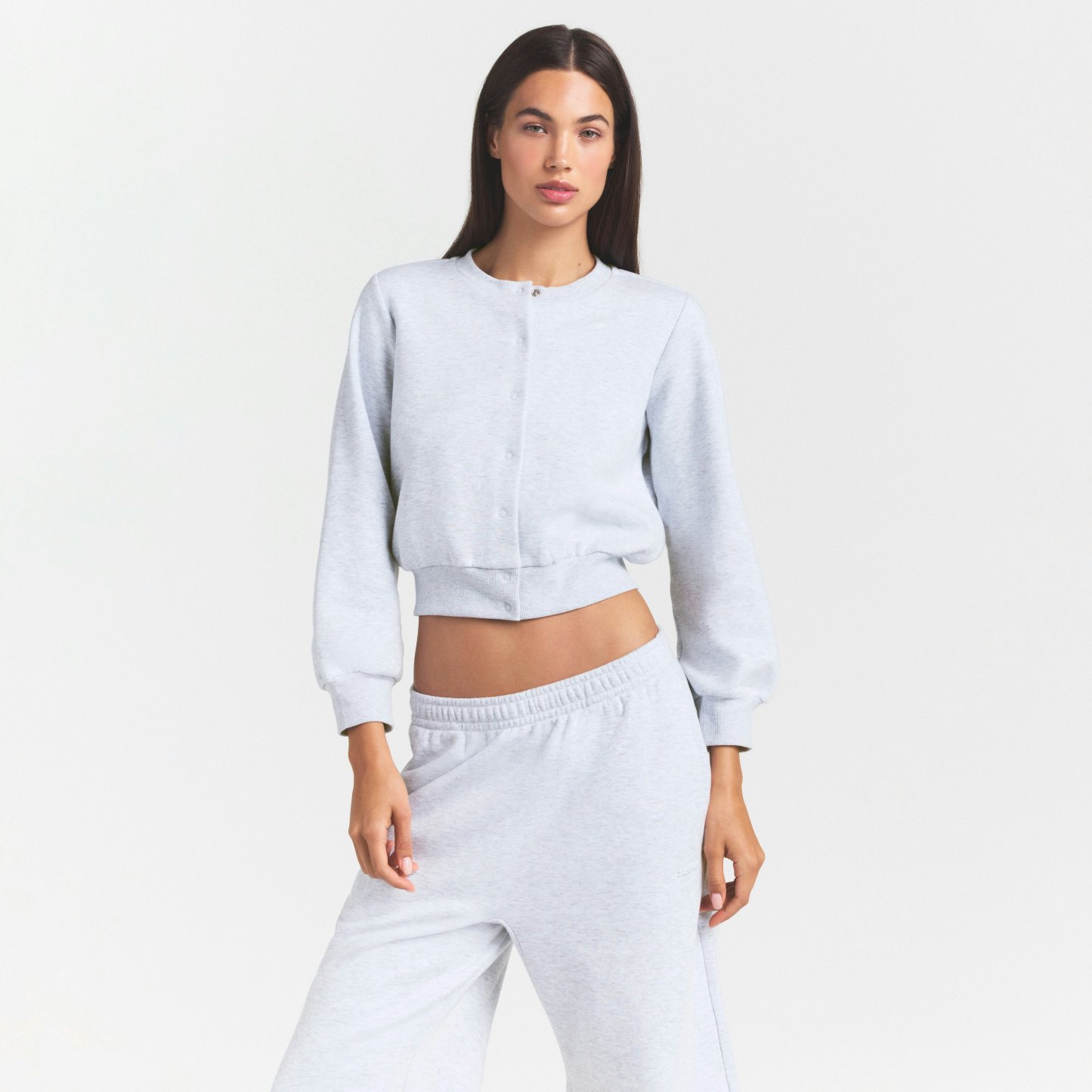 COTTON FLEECE SHRUNKEN CARDIGAN - LIGHT HEATHER GREY - image 9