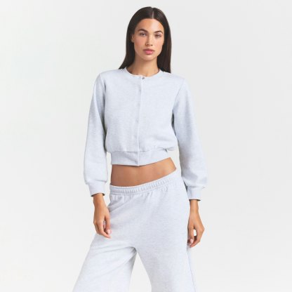 COTTON FLEECE SHRUNKEN CARDIGAN - LIGHT HEATHER GREY - image 9