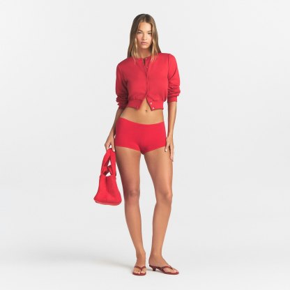 COTTON FLEECE SHRUNKEN CARDIGAN - WASHED RED