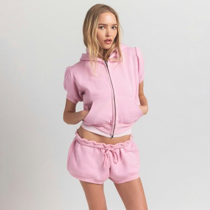 COTTON FLEECE BUBBLE SLEEVE CROPPED ZIP UP - HALITE - image 10