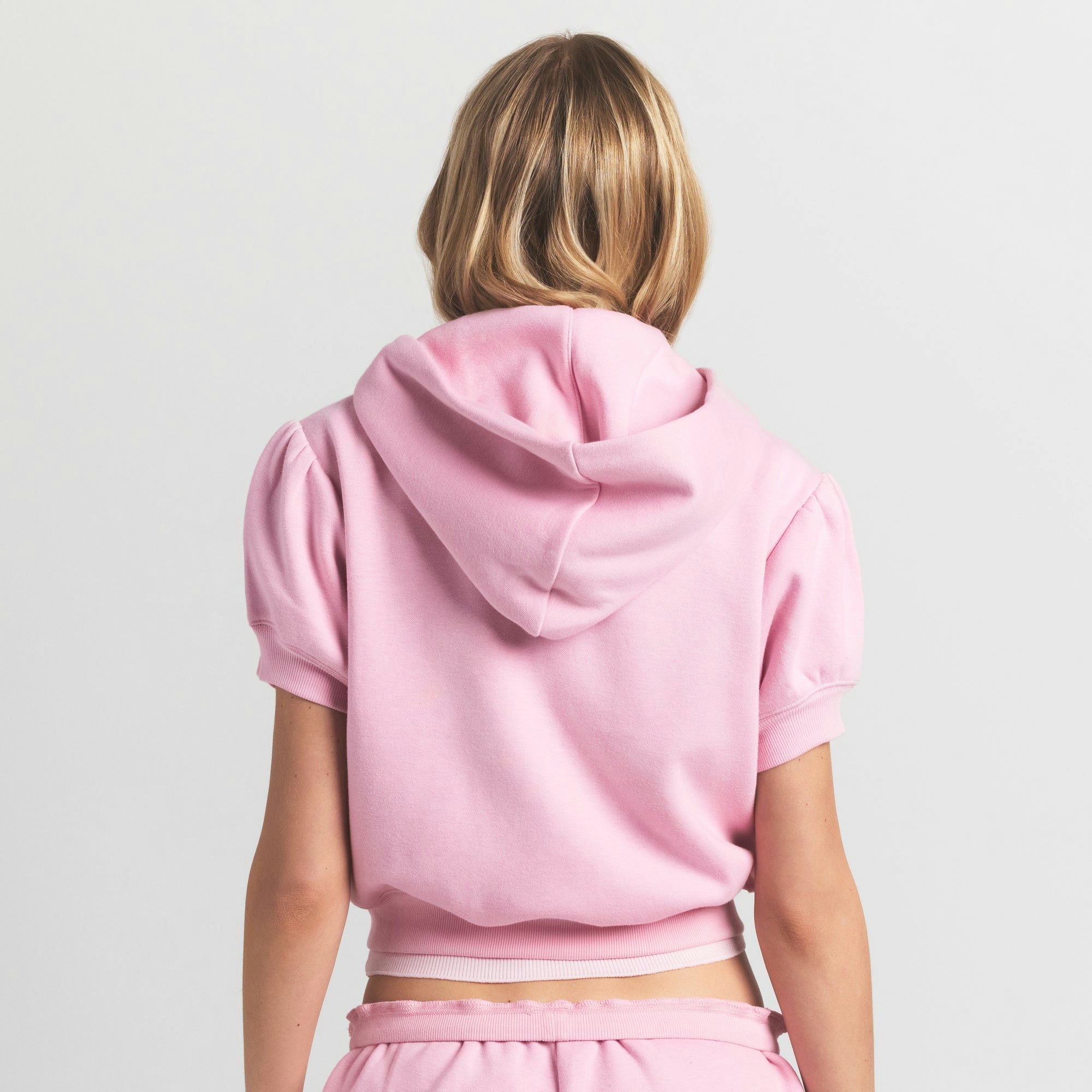 COTTON FLEECE BUBBLE SLEEVE CROPPED ZIP UP - HALITE - image 12