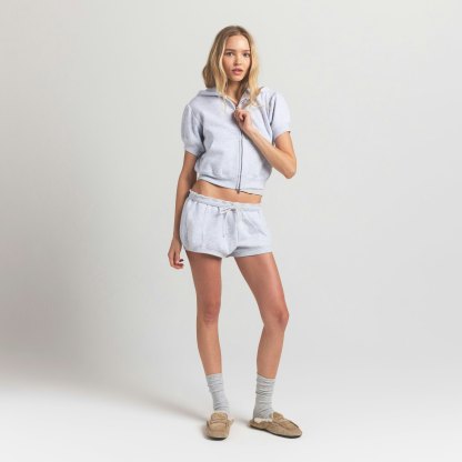 COTTON FLEECE BUBBLE SLEEVE CROPPED ZIP UP - LIGHT HEATHER GREY - image 7