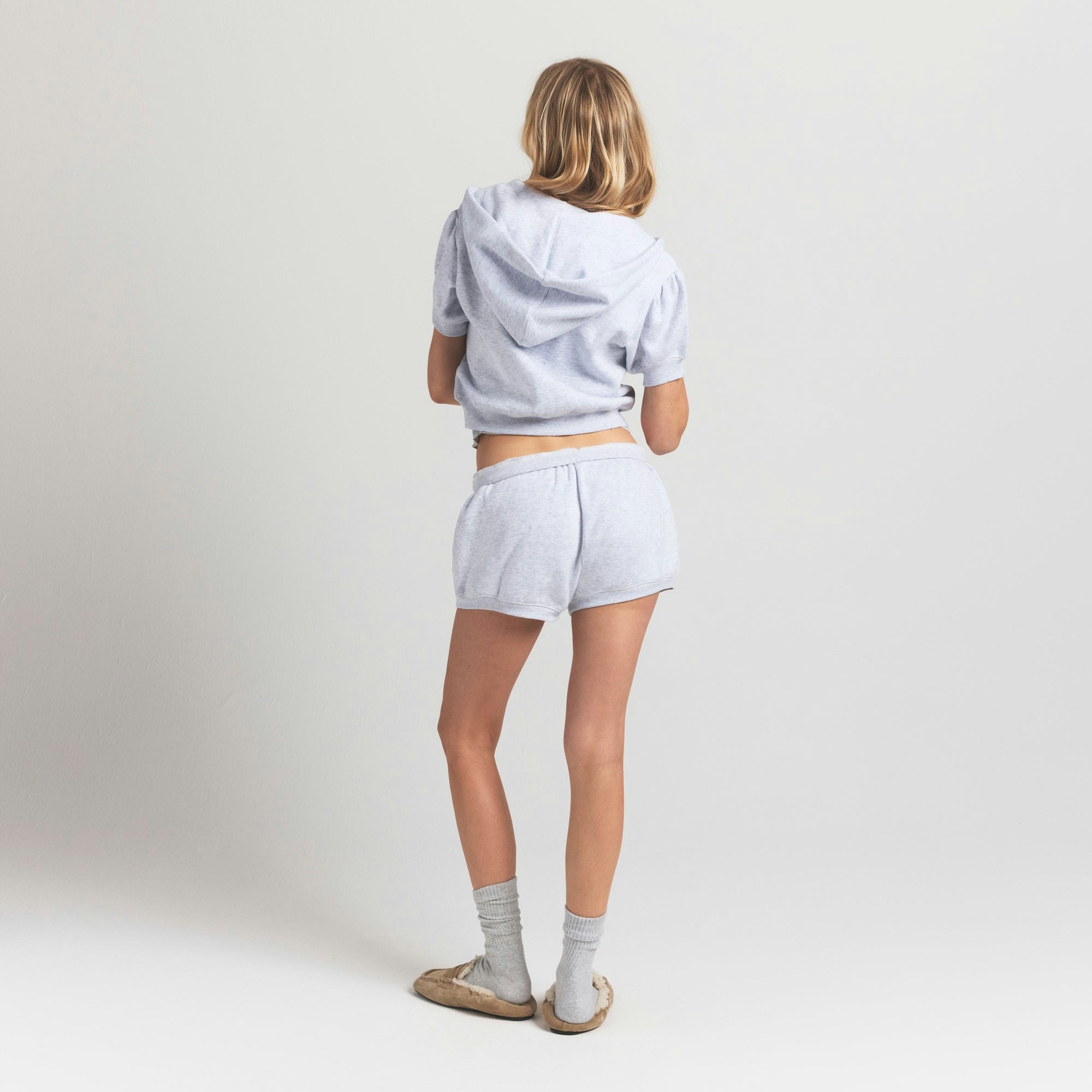 COTTON FLEECE BUBBLE SLEEVE CROPPED ZIP UP - LIGHT HEATHER GREY - image 5