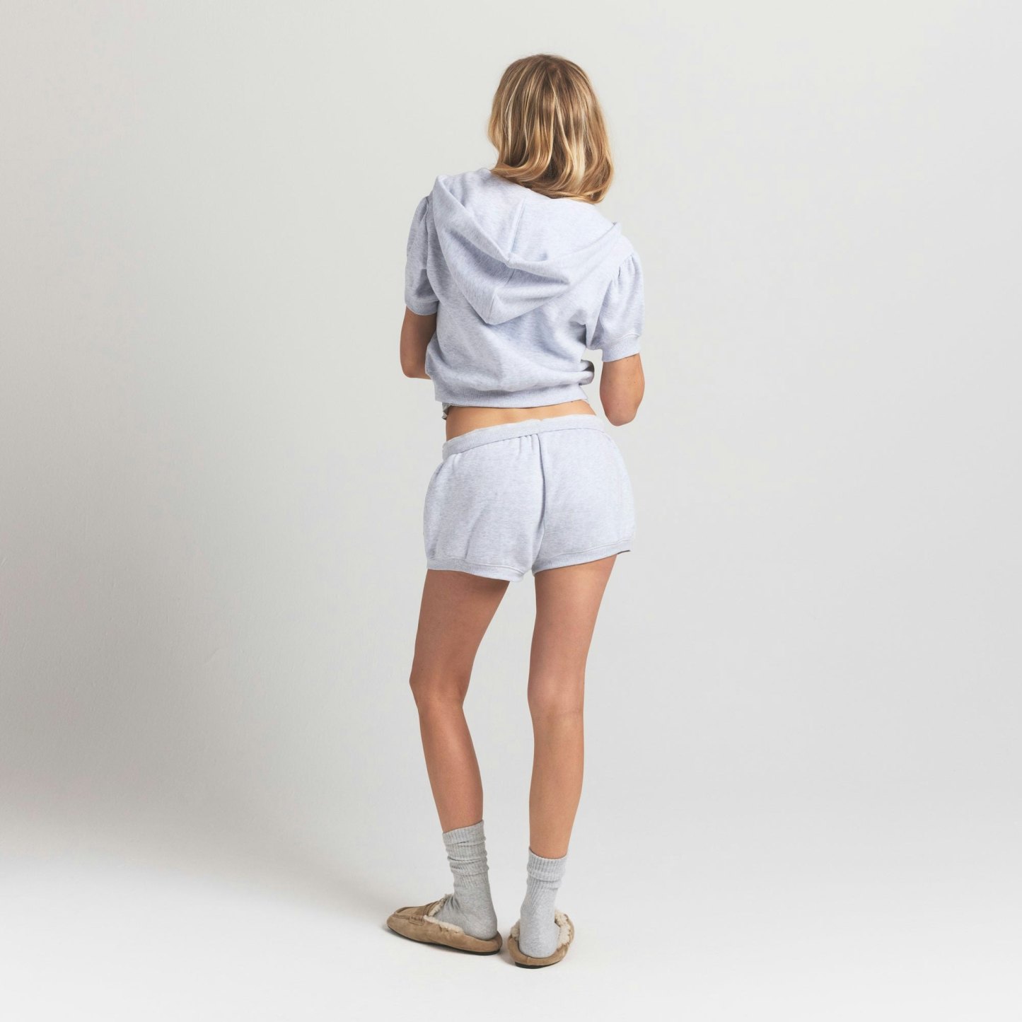 COTTON FLEECE BUBBLE SLEEVE CROPPED ZIP UP - LIGHT HEATHER GREY - image 5