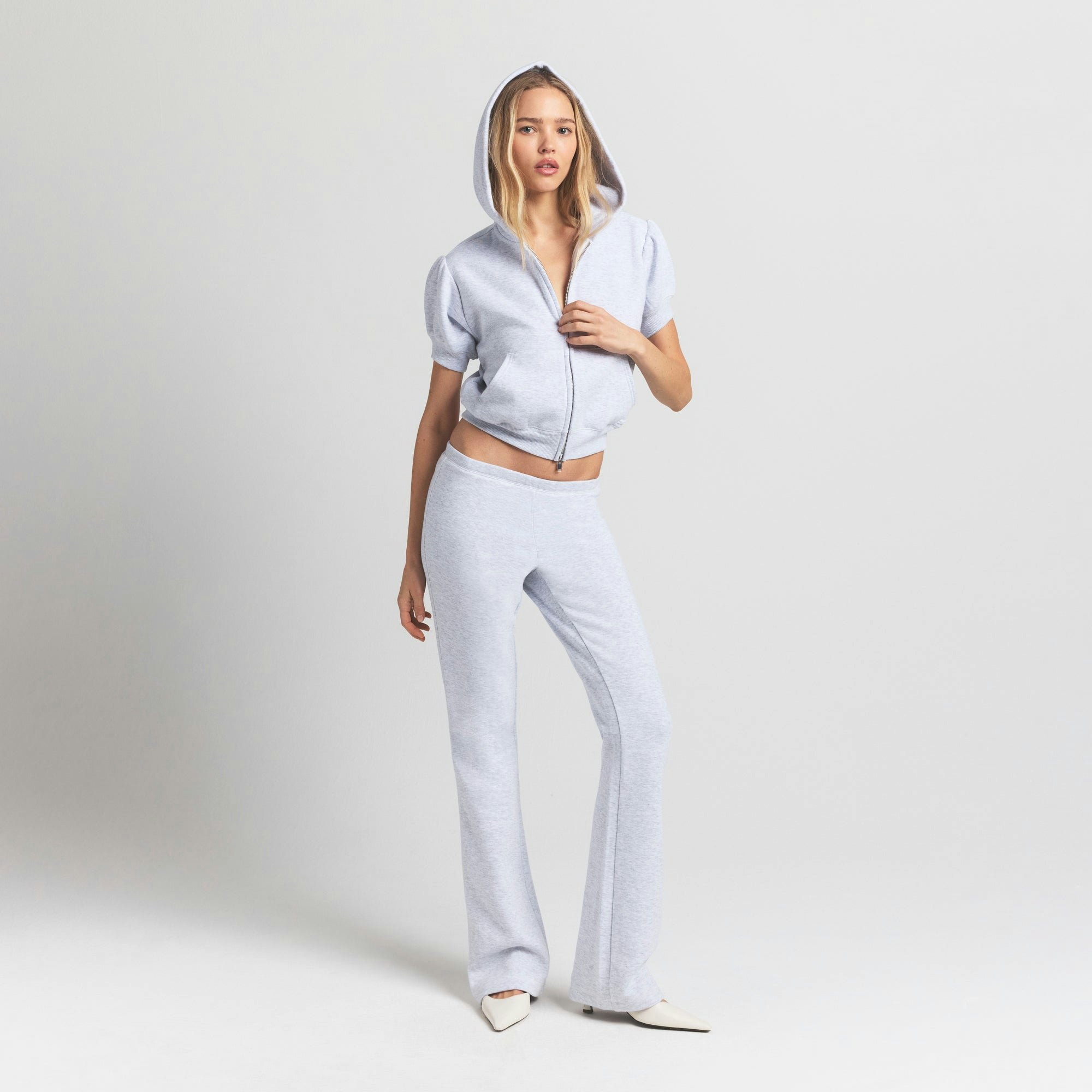 COTTON FLEECE BUBBLE SLEEVE CROPPED ZIP UP - LIGHT HEATHER GREY