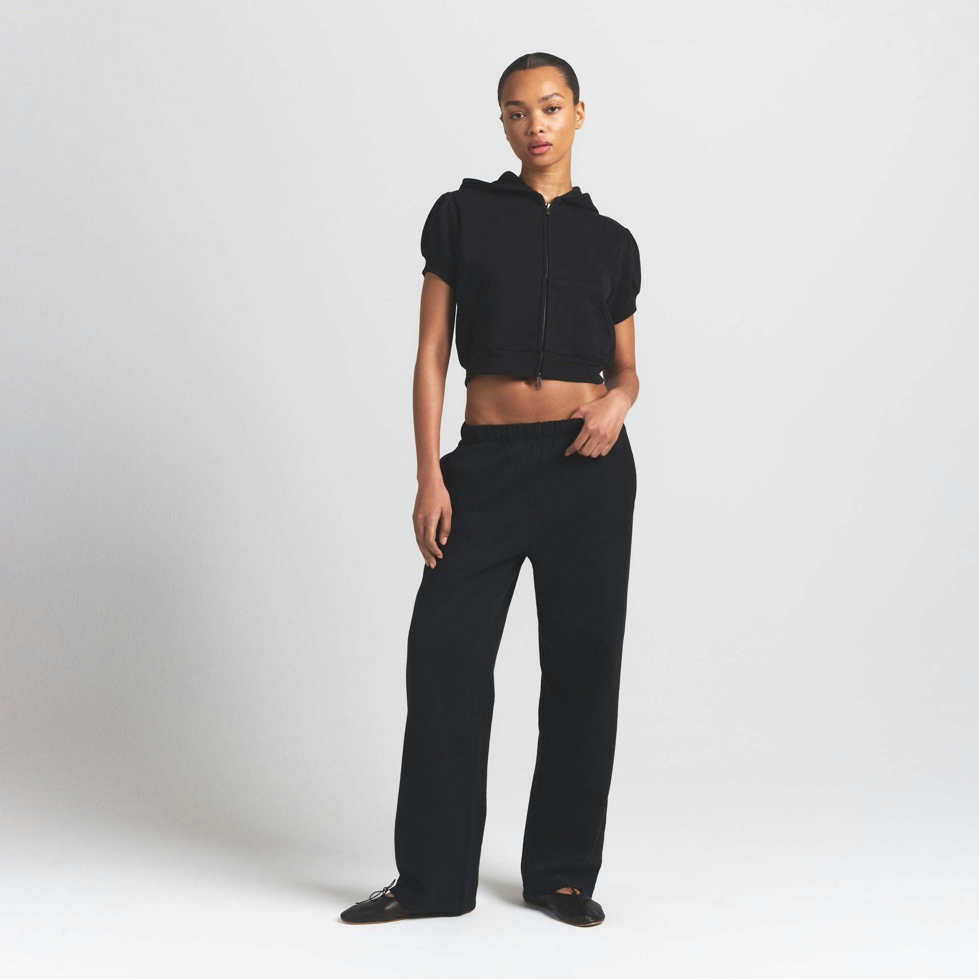 COTTON FLEECE BUBBLE SLEEVE CROPPED ZIP UP - ONYX - image 14