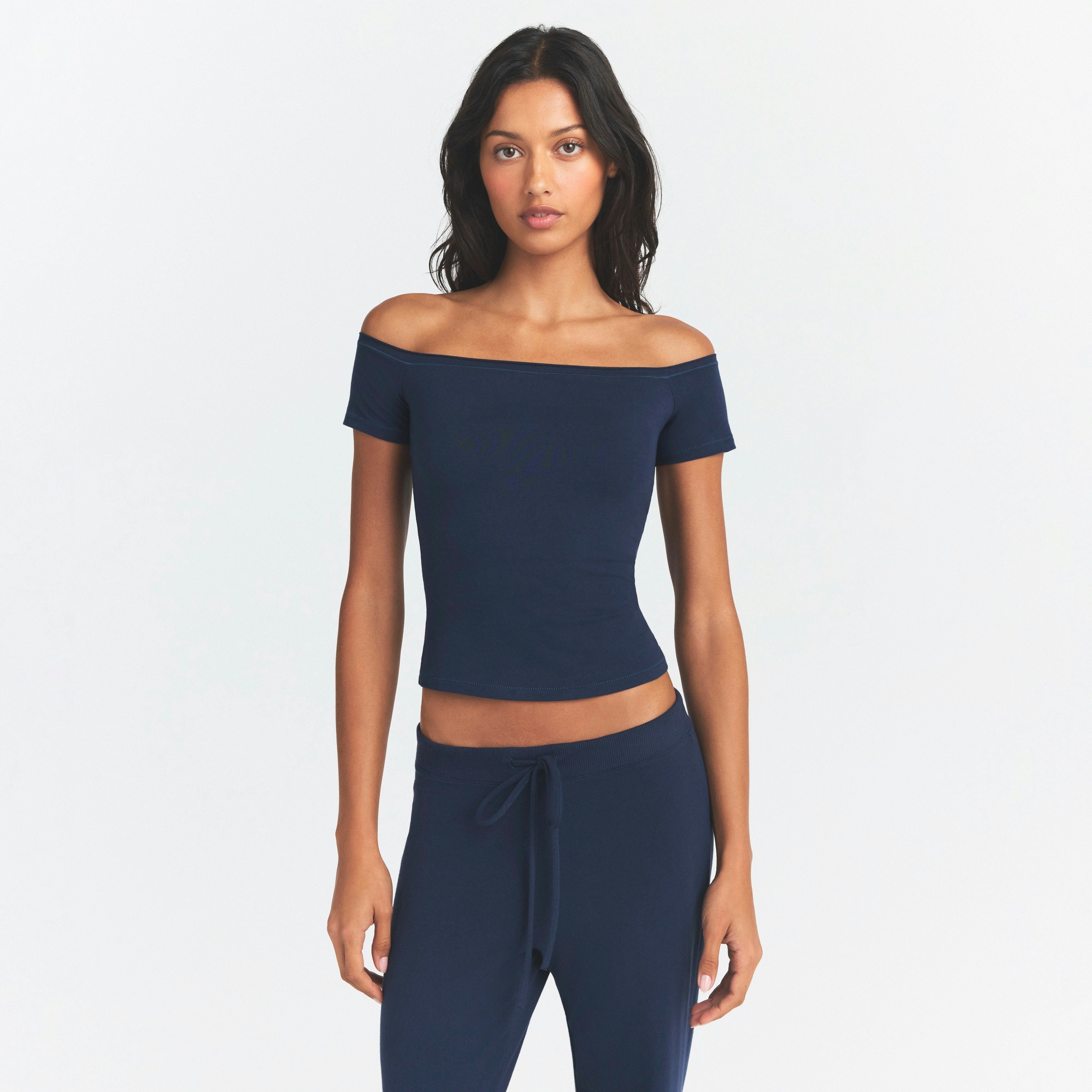 COTTON JERSEY OFF THE SHOULDER TOP - NAVY - image 2