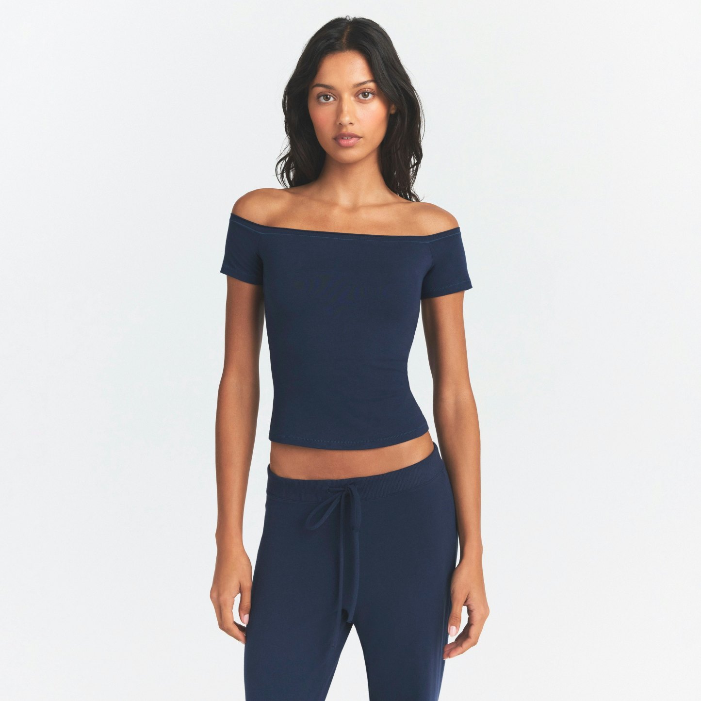 COTTON JERSEY OFF THE SHOULDER TOP - NAVY - image 2