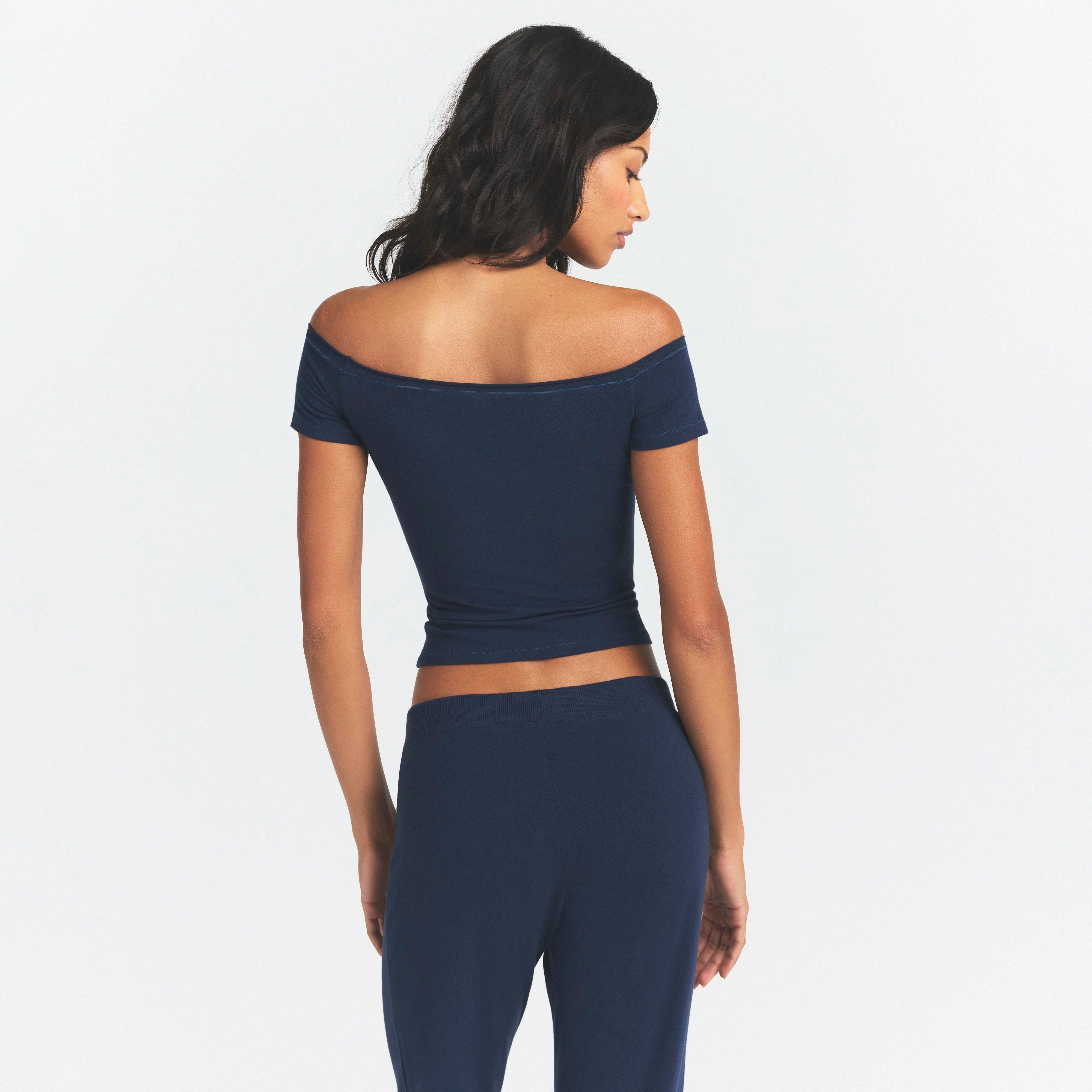 COTTON JERSEY OFF THE SHOULDER TOP - NAVY - image 3