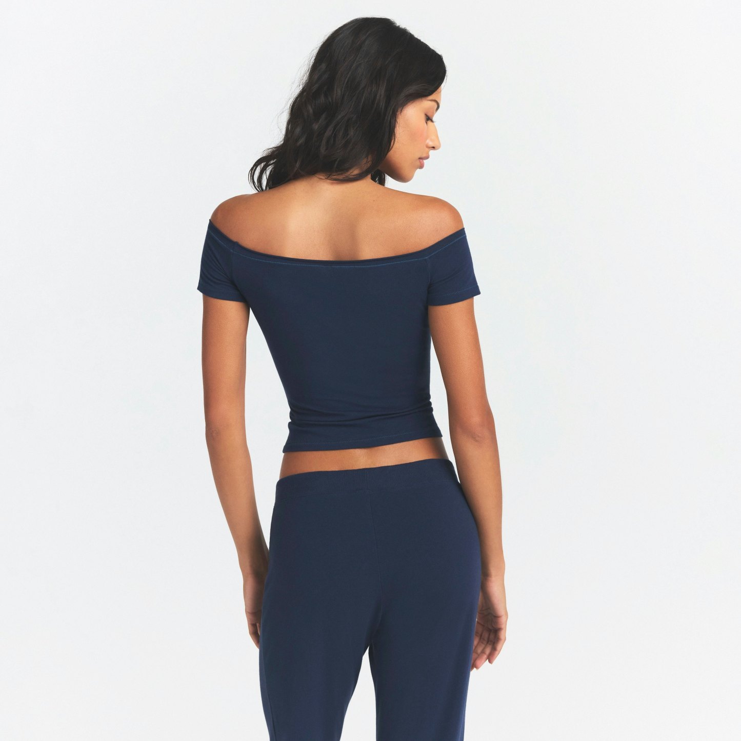 COTTON JERSEY OFF THE SHOULDER TOP - NAVY - image 3