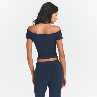 COTTON JERSEY OFF THE SHOULDER TOP - NAVY - image 3