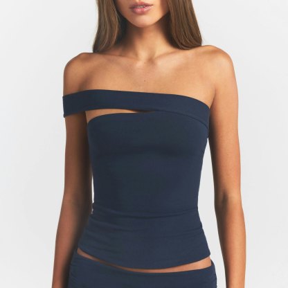 COTTON JERSEY ASYMMETRICAL TOP - NAVY - image 10