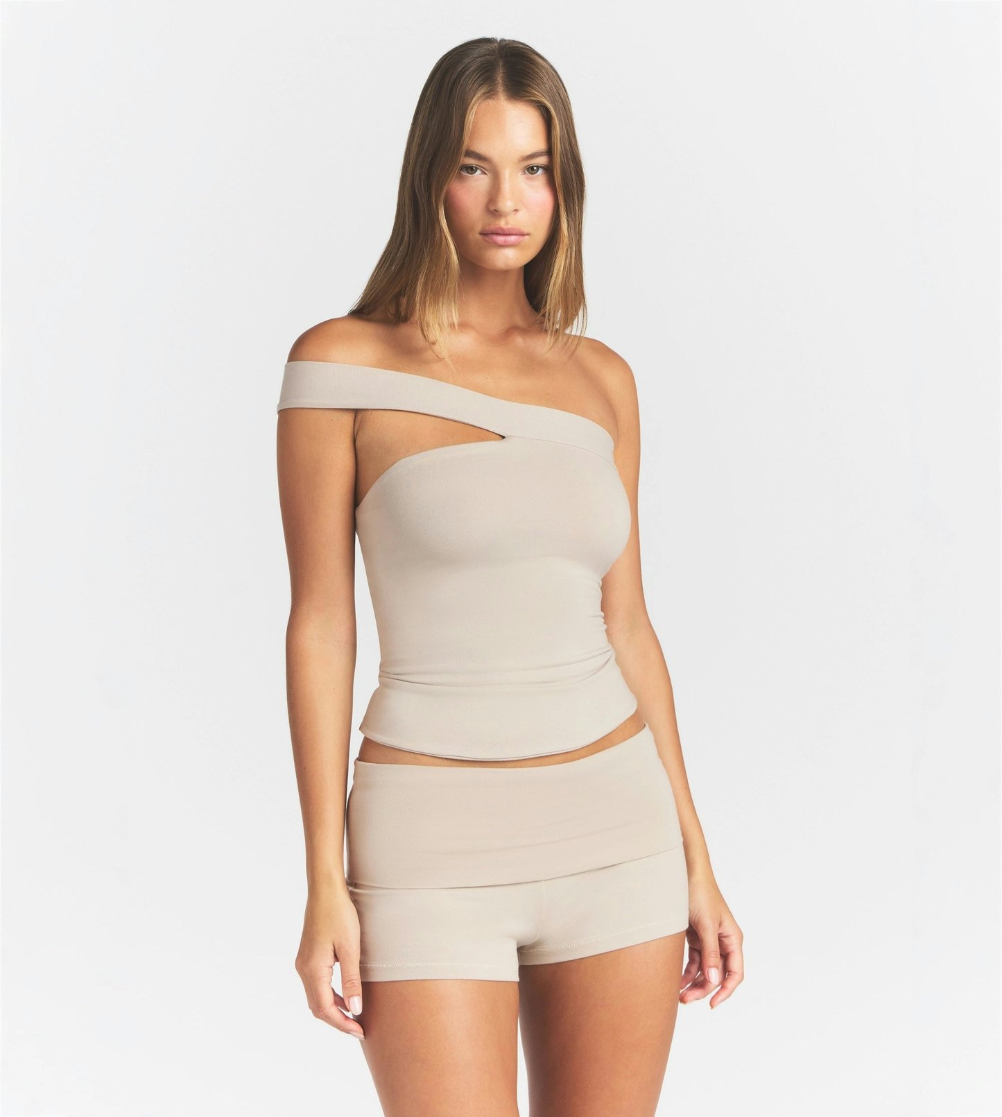 COTTON JERSEY ASYMMETRICAL TOP - STONE - image 5