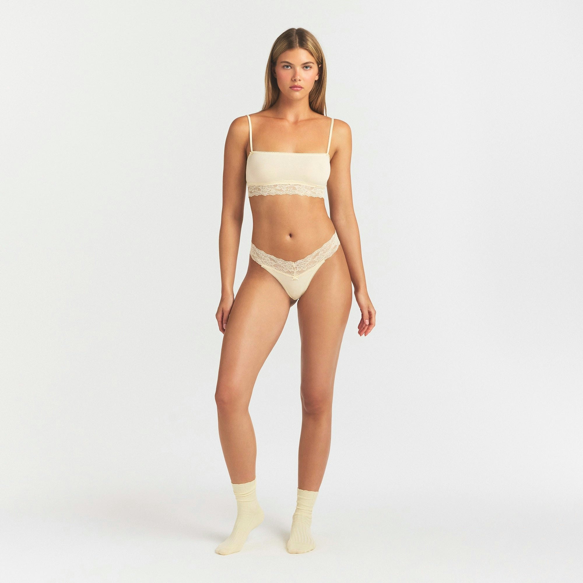 LIGHTWEIGHT COTTON WIDE LACE THONG - BUTTER TONAL