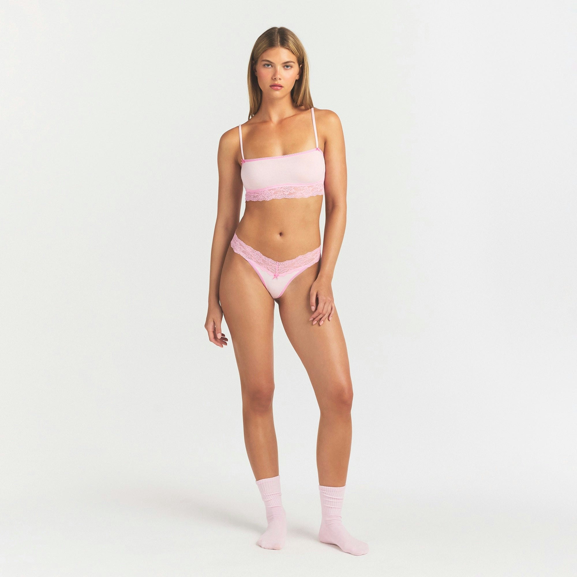 LIGHTWEIGHT COTTON WIDE LACE THONG - CHERRY BLOSSOM TONAL