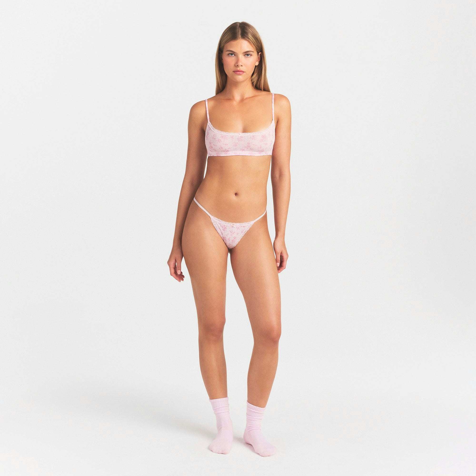 LIGHTWEIGHT COTTON POINTELLE LACE STRING THONG - BLOOM DAINTY FLORAL
