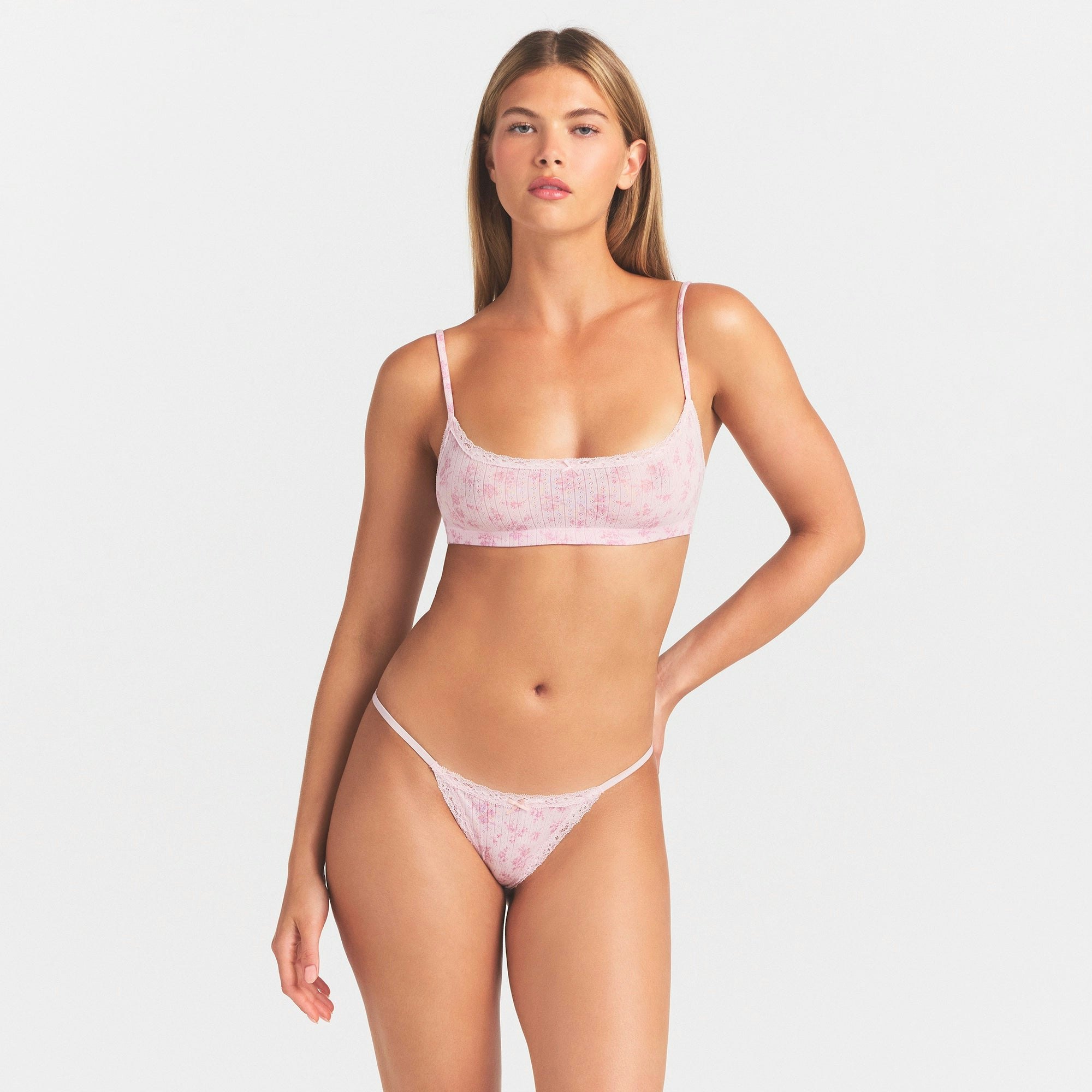 LIGHTWEIGHT COTTON POINTELLE LACE STRING THONG - BLOOM DAINTY FLORAL