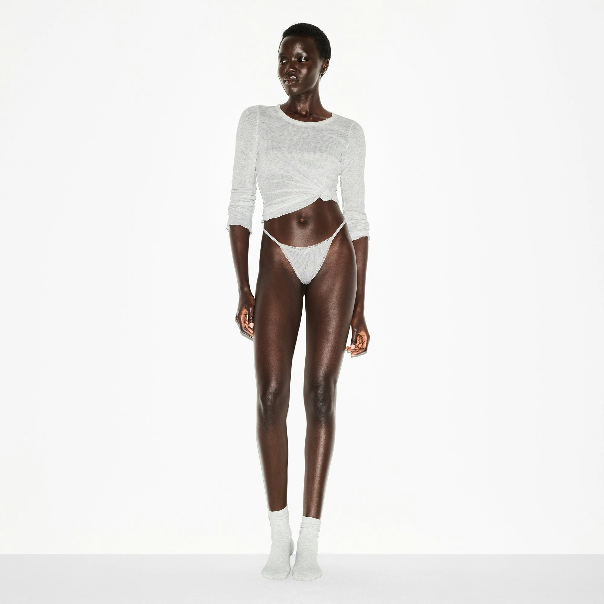 LIGHTWEIGHT COTTON POINTELLE LACE STRING THONG - LIGHT HEATHER GREY