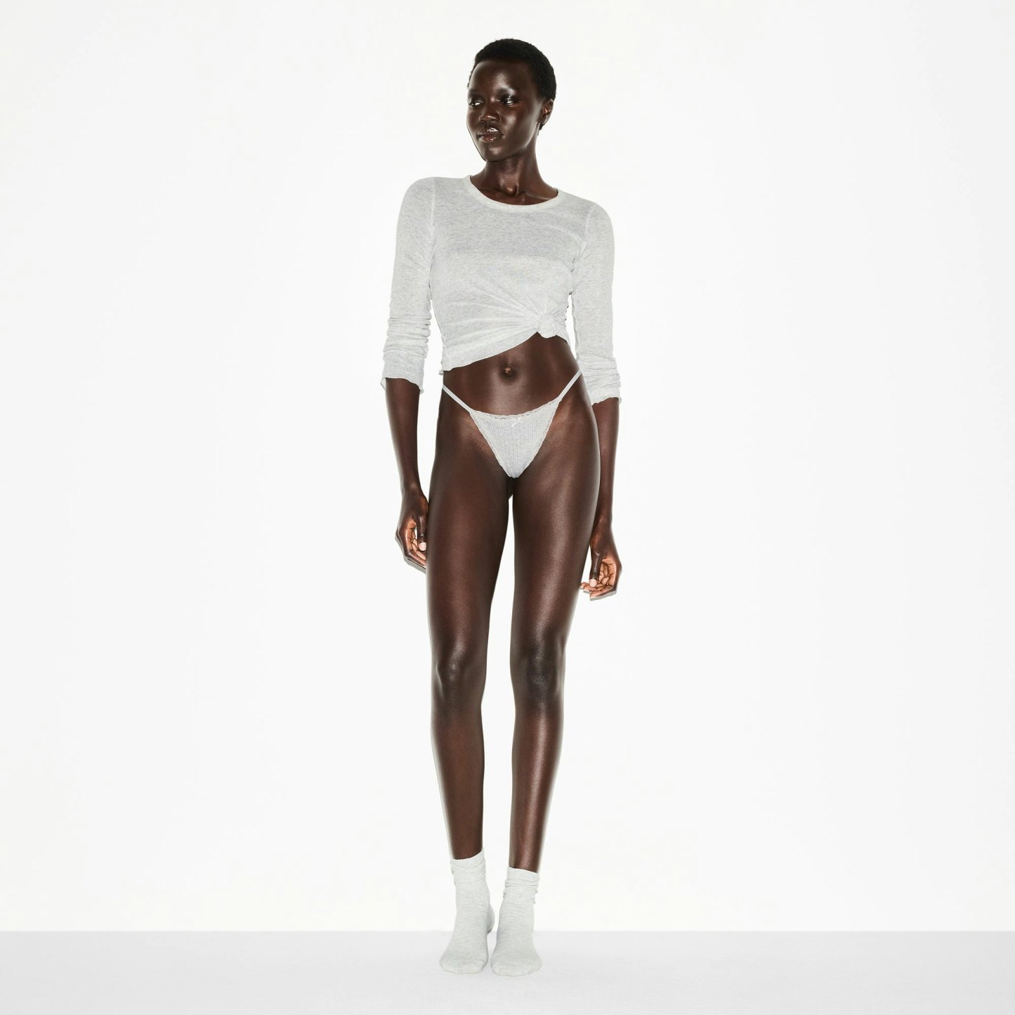 LIGHTWEIGHT COTTON POINTELLE LACE STRING THONG - LIGHT HEATHER GREY