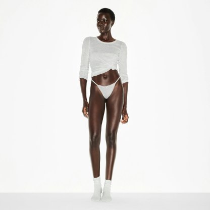LIGHTWEIGHT COTTON POINTELLE LACE STRING THONG - LIGHT HEATHER GREY