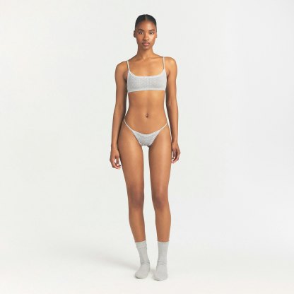 LIGHTWEIGHT COTTON POINTELLE LACE STRING THONG - LIGHT HEATHER GREY PIN DOT