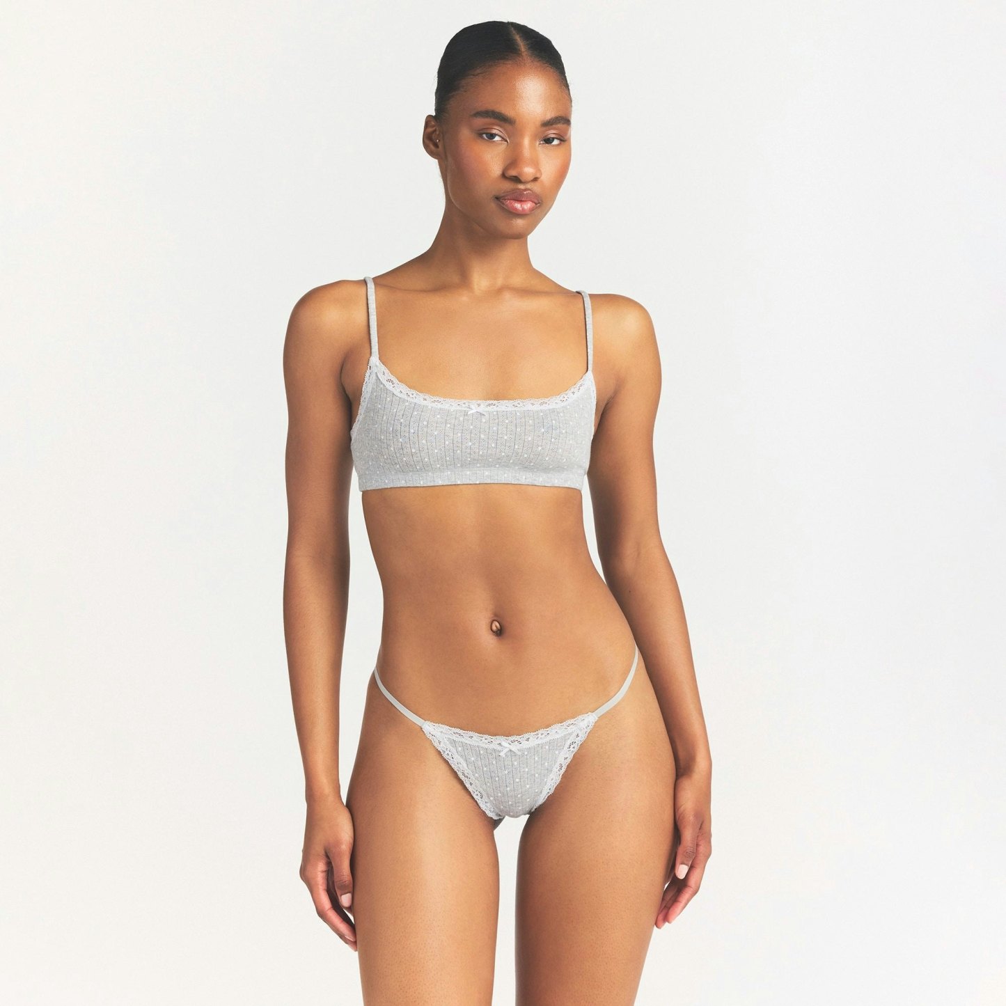 LIGHTWEIGHT COTTON POINTELLE LACE STRING THONG - LIGHT HEATHER GREY PIN DOT
