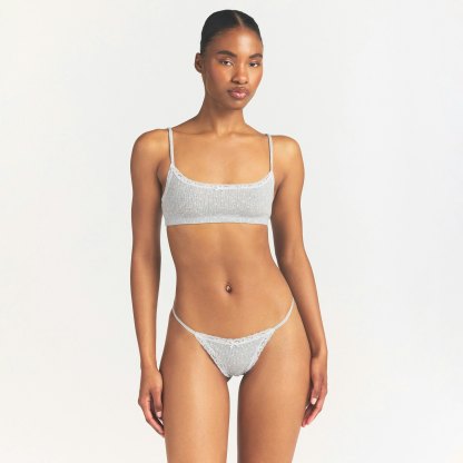 LIGHTWEIGHT COTTON POINTELLE LACE STRING THONG - LIGHT HEATHER GREY PIN DOT