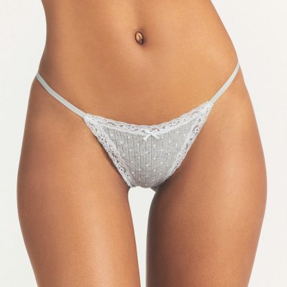 LIGHTWEIGHT COTTON POINTELLE LACE STRING THONG - LIGHT HEATHER GREY PIN DOT