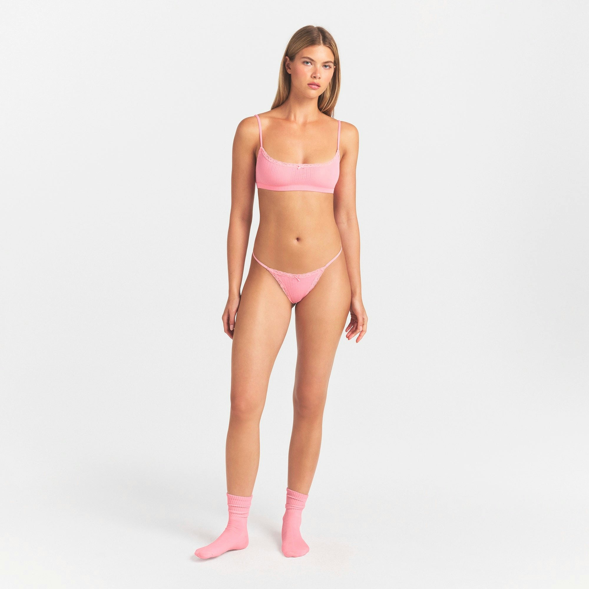LIGHTWEIGHT COTTON POINTELLE LACE STRING THONG - MELON TONAL