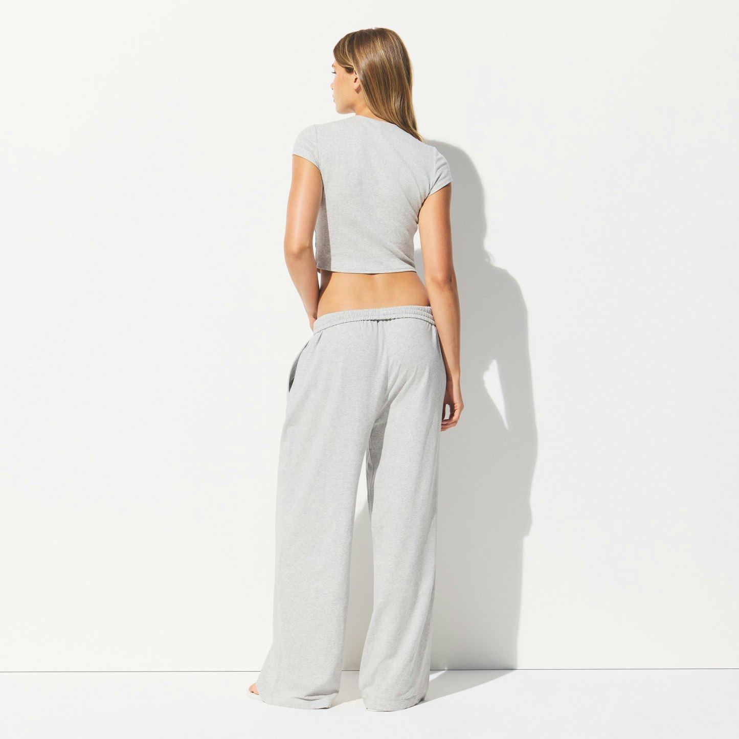 COTTON JERSEY WIDE LEG PANT - LIGHT HEATHER GREY - image 3