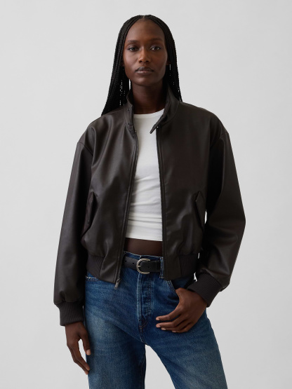 Vegan Leather Bomber Jacket - Dark brown