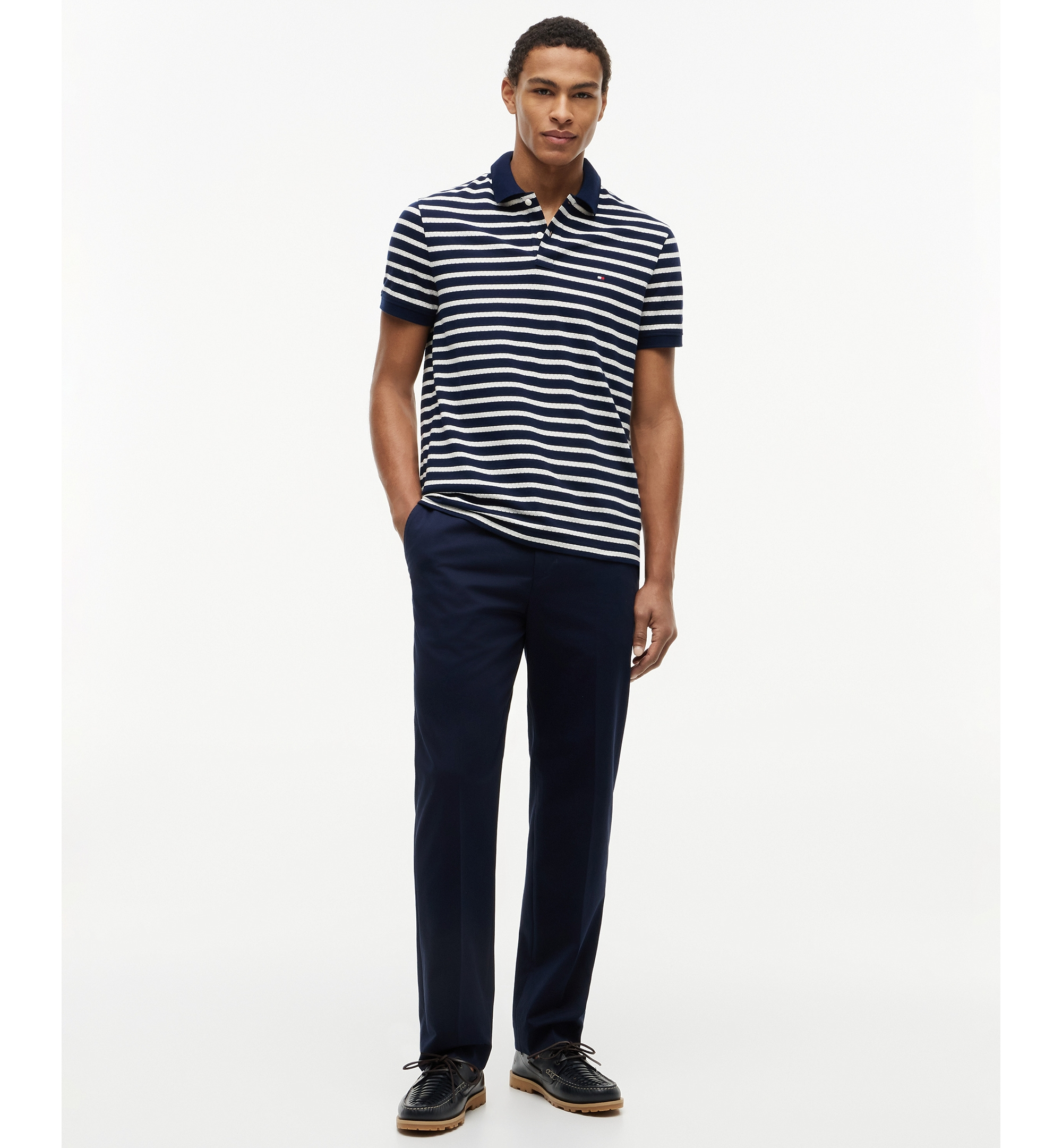 Tommy Hilfiger Men's Regular-Fit Perforated Jersey Stripe Polo Shirt - Navy / Ivory Petal