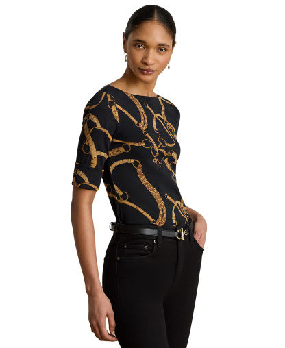 Lauren Ralph Lauren Women's Boat Neck Belting Print T-Shirt - Black/tan